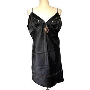 Vtg Y2K Embroidered Slip Dress Sz L Goth Fairy Embroidered Satin Delicates Black